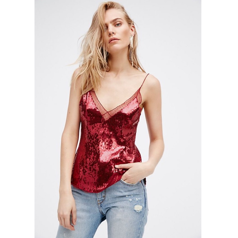 Free People Red Sequin Illusion Tank